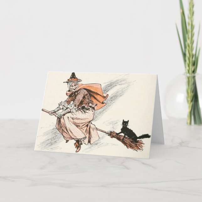 Vintage Witch with Broom and Cat Card (Front)