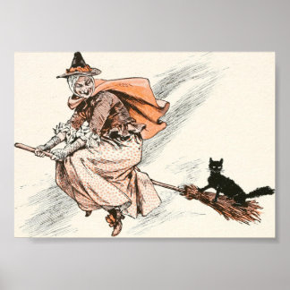 Vintage Witch with Broom and Cat Poster