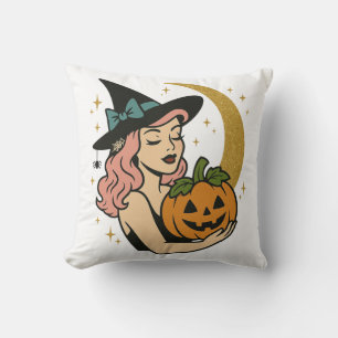 Vintage Witch with Pumpkin Halloween Throw Pillow