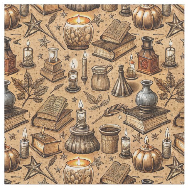 Vintage Witchcraft Books & Candles Pattern (2) Fabric (Close Up)