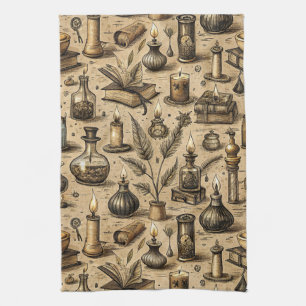 Vintage Witchcraft Books & Candles Pattern Kitchen Towel