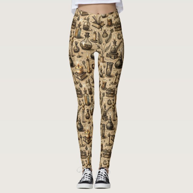 Vintage Witchcraft Books & Candles Pattern Leggings (Front)