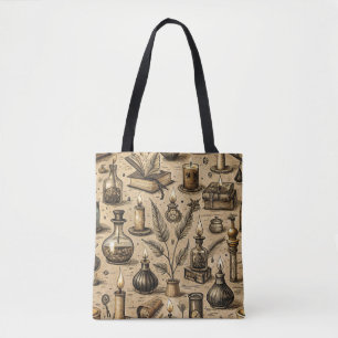 Vintage Witchcraft Books & Candles Pattern Tote Bag