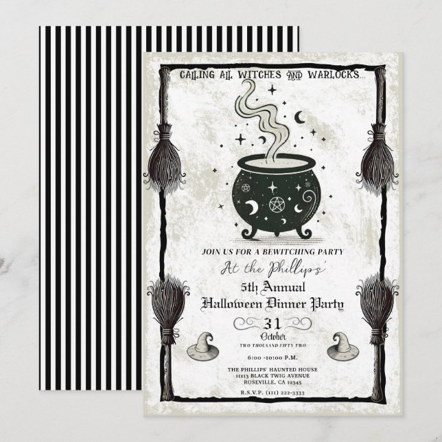Vintage Witches Cauldron Halloween Dinner Party Invitation (Front/Back)