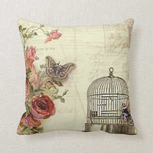 Vintage with Roses Bird Cage Throw Pillow