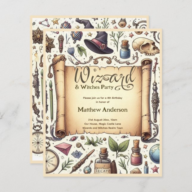 Vintage Wizard Witches Party Magical Wands Hats (Front/Back)