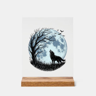 Vintage Wolf Howling Moon Tree Silhouette Design_1 Acrylic Sign