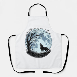 Vintage Wolf Howling Moon Tree Silhouette Design_1 Apron