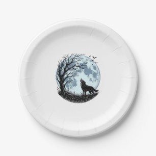 Vintage Wolf Howling Moon Tree Silhouette Design_1 Paper Plate