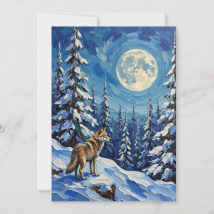 Vintage Wolf in Moonlit Winter Forest Christmas Holiday Card