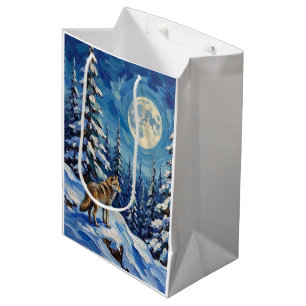 Vintage Wolf in Moonlit Winter Forest Christmas Medium Gift Bag