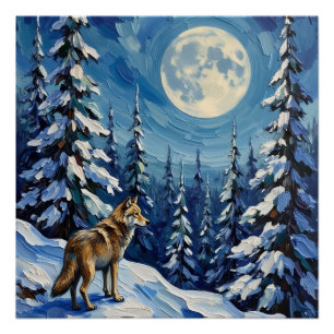 Vintage Wolf in Moonlit Winter Forest Christmas Poster