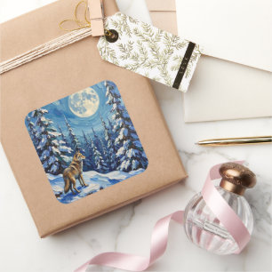 Vintage Wolf in Moonlit Winter Forest Christmas Square Sticker