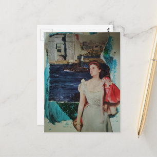 Vintage Woman Along the River Mixed Media Collage Postcard