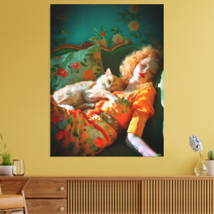 Vintage Woman and Cat Wall Art – Romantic Floral