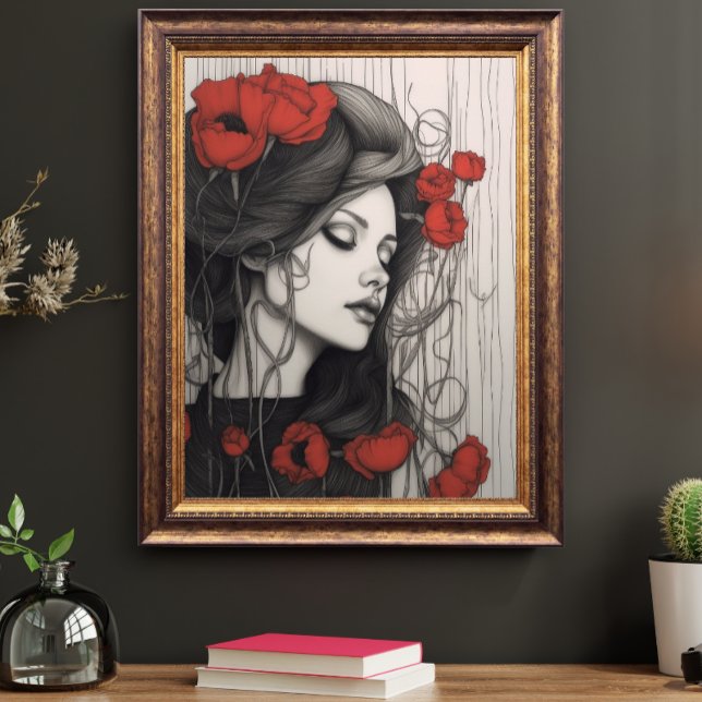Vintage Woman and red poppy flower Botanical  Poster (Creator Uploaded)