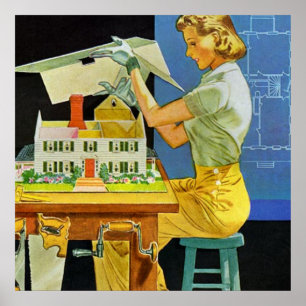 Vintage Woman Architect Miniature House Blueprints Poster