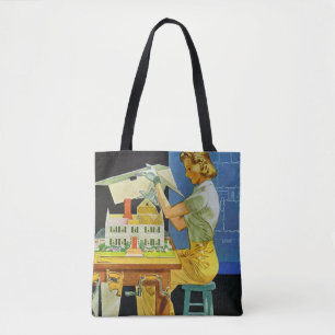 Vintage Woman Architect Miniature House Blueprints Tote Bag
