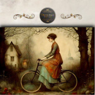 Vintage Woman Bicycle Cottage Scene Decoupage Tissue Paper