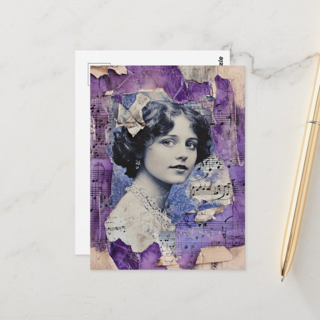 Vintage Woman Collage Sheet Music Purple Postcard (Front/Back In Situ)