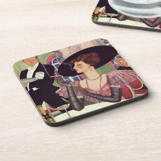 Vintage Woman Drinking Champagne Smoking Cigarette Coaster (Left Side)