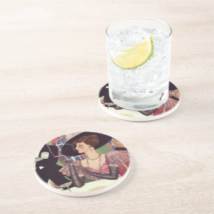 Vintage Woman Drinking Champagne Smoking Cigarette Coaster