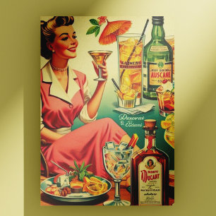 Vintage Woman Drinks Cocktails Illustration Postcard