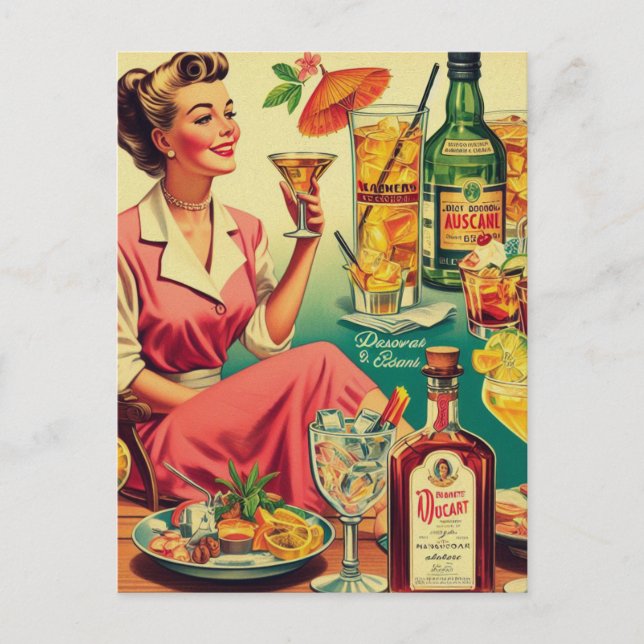 Vintage Woman Drinks Cocktails Illustration Postcard (Front)