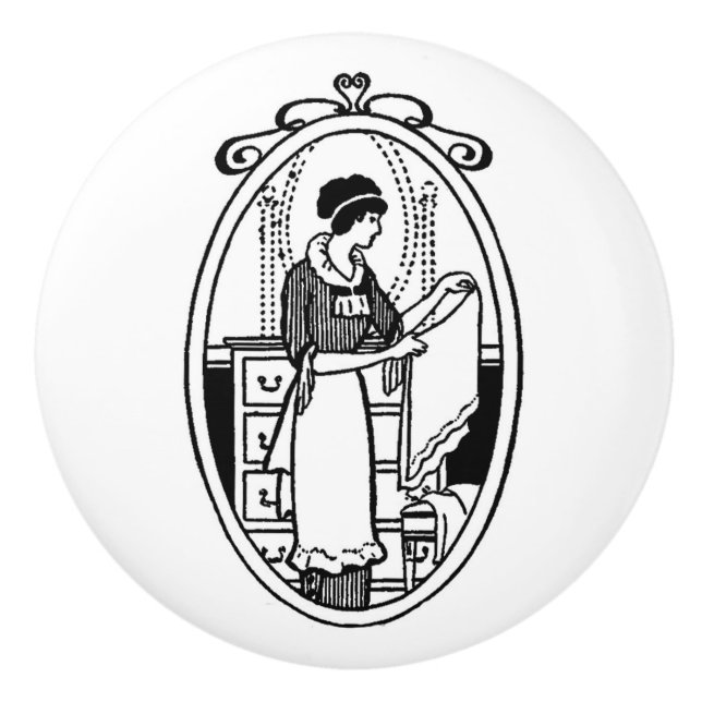 Vintage Woman Folding Laundry Ceramic Knob (Front)