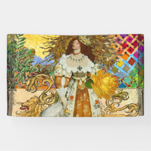 Vintage Woman Golden Sun: Leo Zodiac Collage Art Banner