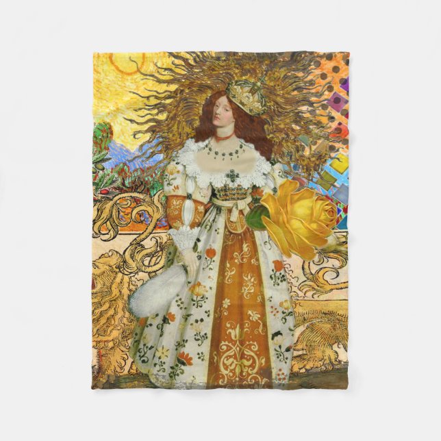 Vintage Woman Golden Sun: Leo Zodiac Collage Art Fleece Blanket (Front)