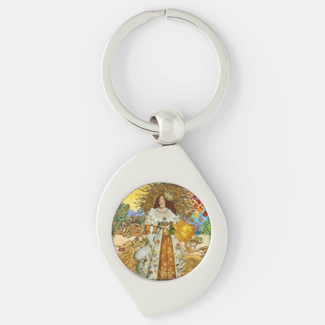Vintage Woman Golden Sun: Leo Zodiac Collage Art Keychain (Front)