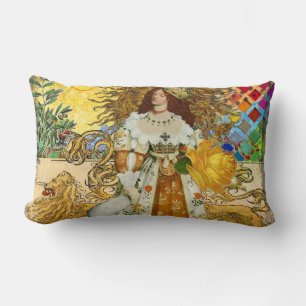Vintage Woman Golden Sun: Leo Zodiac Collage Art Lumbar Pillow