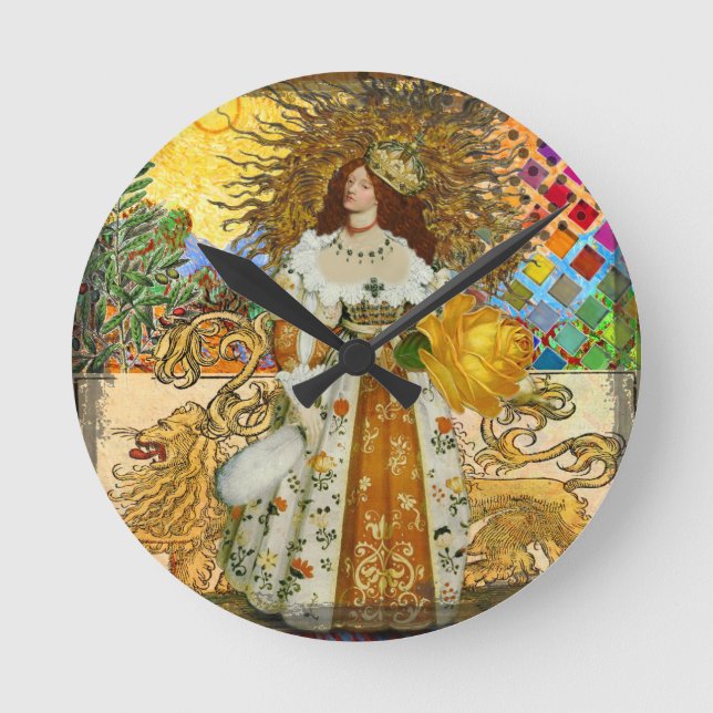 Vintage Woman Golden Sun: Leo Zodiac Collage Art Round Clock (Front)