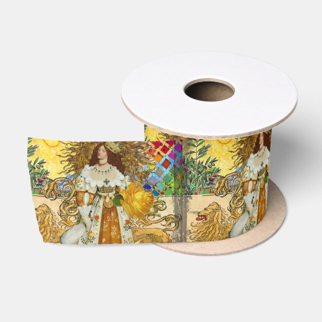 Vintage Woman Golden Sun: Leo Zodiac Collage Art Satin Ribbon (Spool)