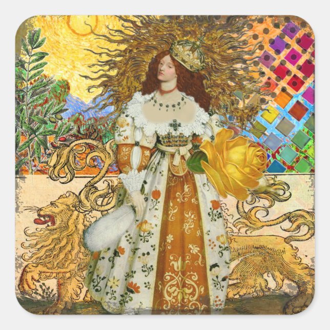 Vintage Woman Golden Sun: Leo Zodiac Collage Art Square Sticker (Front)
