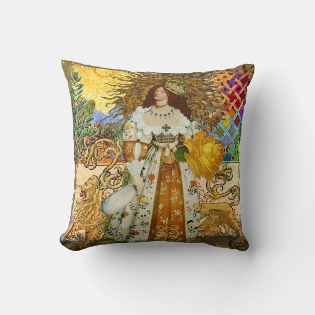 Vintage Woman Golden Sun: Leo Zodiac Collage Art Throw Pillow (Front)