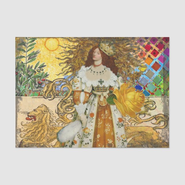 Vintage Woman Golden Sun: Leo Zodiac Collage Art Tissue Paper (Front)