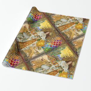 Vintage Woman Golden Sun: Leo Zodiac Collage Art Wrapping Paper