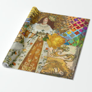 Vintage Woman Golden Sun: Leo Zodiac Collage Art Wrapping Paper