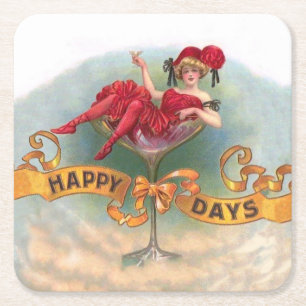 Vintage Woman in Champagne Glass Poster: 1900s Bar Square Paper Coaster