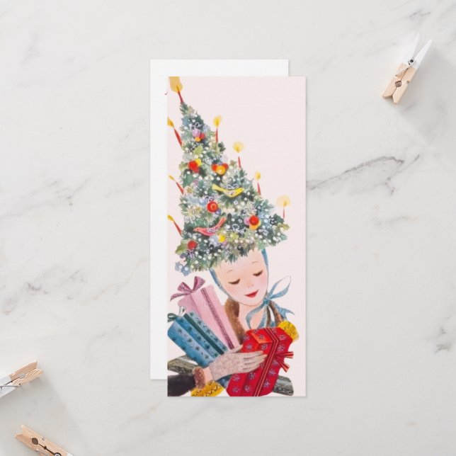 Vintage Woman in Christmas Tree Hat Christmas Card (Front/Back In Situ)