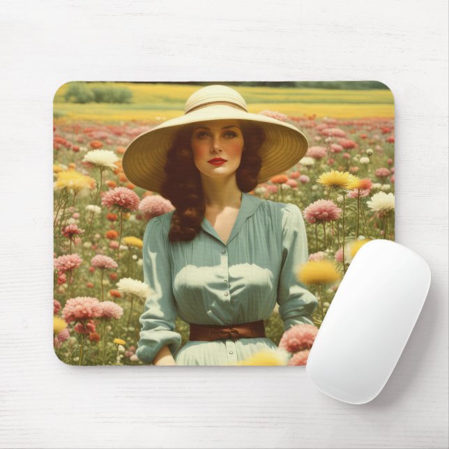  Vintage Woman In Flower Field Mouse Pad (With Mouse)