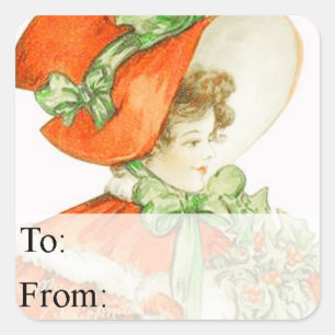 Vintage Woman in Red Christmas Hat Gift Tag