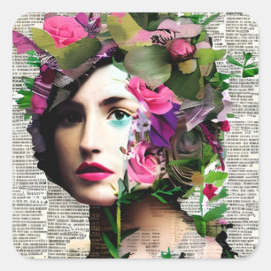 Vintage Woman Paper Collage Art Square Sticker