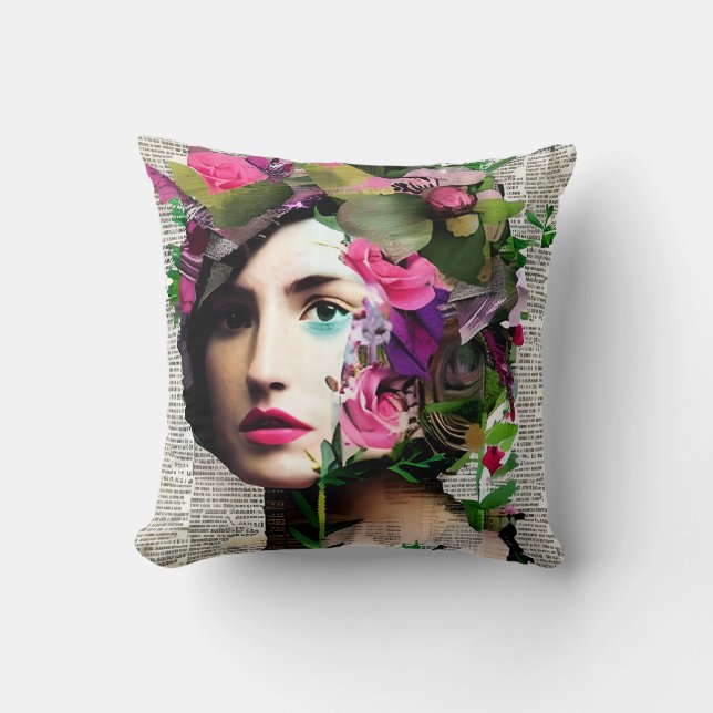 Vintage Woman Paper Collage Art Throw Pillow (Front)