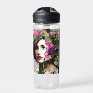 Vintage Woman Paper Collage Art Water Bottle