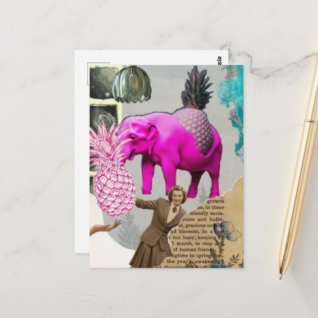 Vintage Woman Pink Elephant Collage Postcard (Front/Back In Situ)
