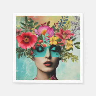 Vintage woman portrait with flowers napkin