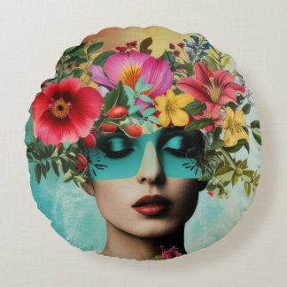 Vintage Woman Portrait with Flowers Round Pillow